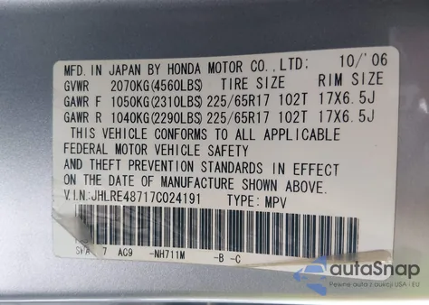 2007 Honda Cr-V Ex-L from USA, damaged, VIN JHLRE48717C024191